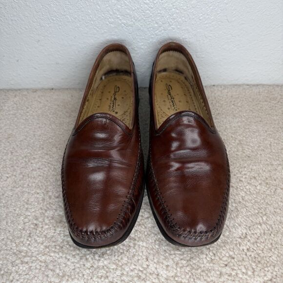 Santoni Loafers Brown Leather Dress Shoe Size 9 Slip On Moc Toe Whipstitch Italy - Picture 4 of 15